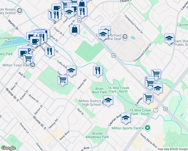 map of restaurants, bars, coffee shops, grocery stores, and more near 346 Kingsway Place in Milton