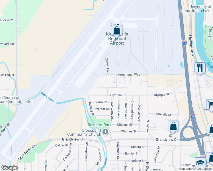 map of restaurants, bars, coffee shops, grocery stores, and more near 1920 Peggy's Lane in Idaho Falls