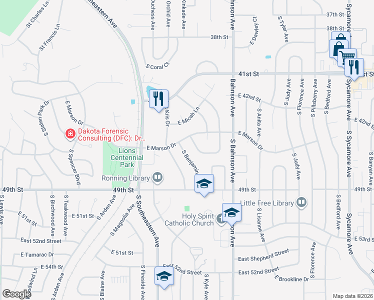 map of restaurants, bars, coffee shops, grocery stores, and more near 3708 South Benjamin Drive in Sioux Falls