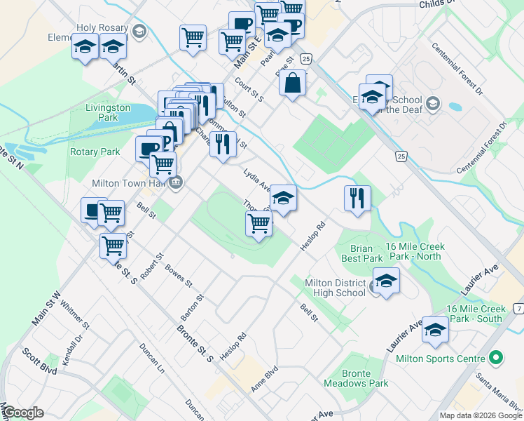 map of restaurants, bars, coffee shops, grocery stores, and more near 173 Thomas Street in Milton