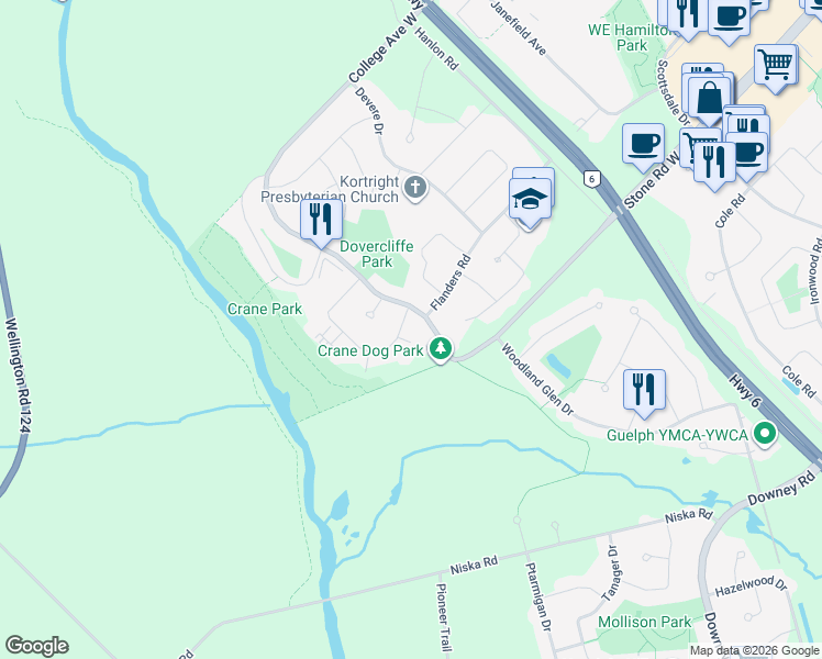 map of restaurants, bars, coffee shops, grocery stores, and more near 119 Conroy Crescent in Guelph