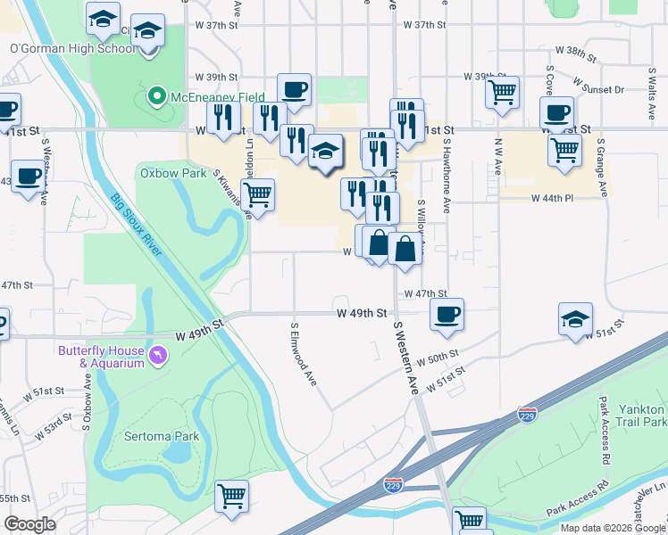 map of restaurants, bars, coffee shops, grocery stores, and more near 2301 West 46th Street in Sioux Falls