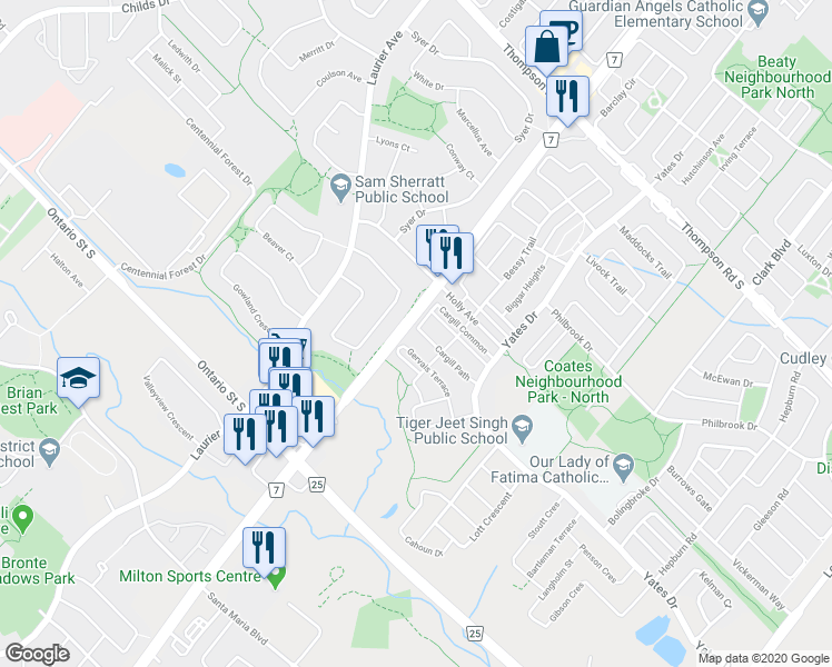 map of restaurants, bars, coffee shops, grocery stores, and more near 623 Cargill Path in Milton