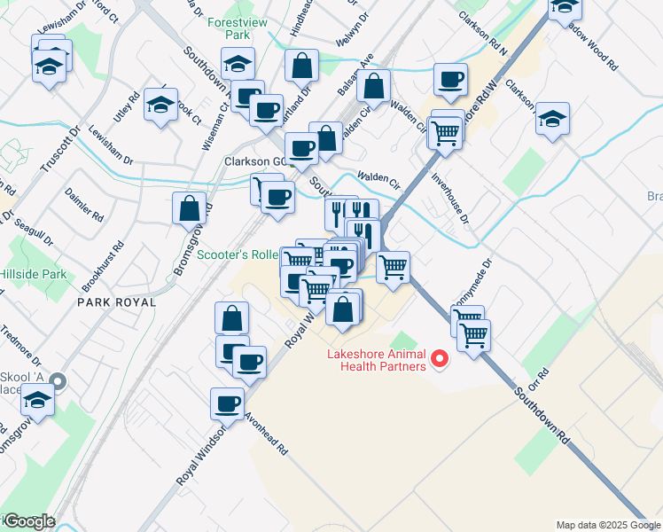 map of restaurants, bars, coffee shops, grocery stores, and more near 2105 Royal Windsor Drive in Mississauga