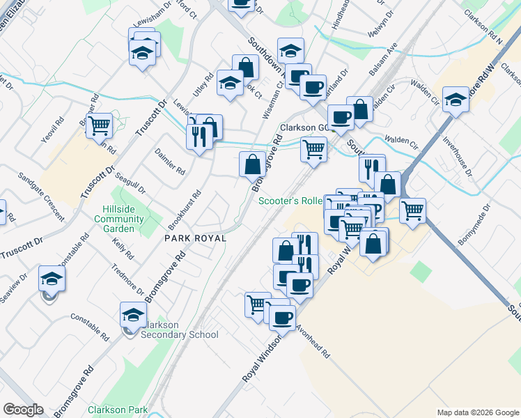 map of restaurants, bars, coffee shops, grocery stores, and more near 1150 Stroud Lane in Mississauga