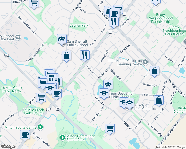 map of restaurants, bars, coffee shops, grocery stores, and more near in Milton
