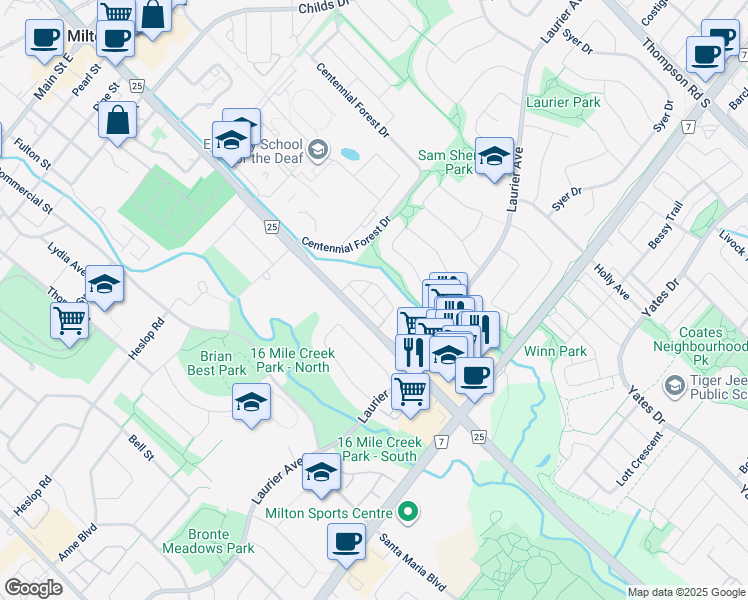 map of restaurants, bars, coffee shops, grocery stores, and more near in Milton