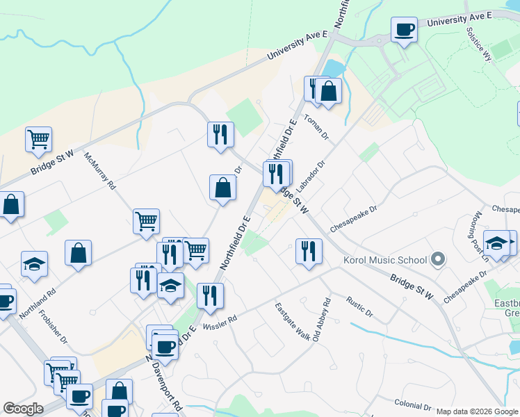 map of restaurants, bars, coffee shops, grocery stores, and more near 247 Northfield Drive East in Waterloo