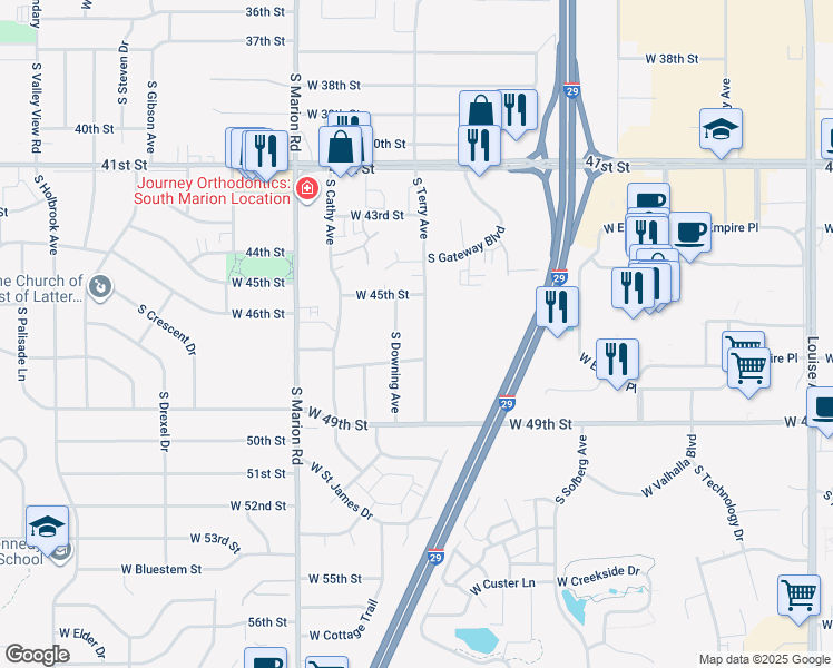 map of restaurants, bars, coffee shops, grocery stores, and more near 3809 South Terry Avenue in Sioux Falls