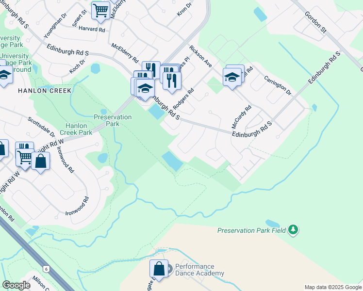 map of restaurants, bars, coffee shops, grocery stores, and more near 34 Southcreek Trail in Guelph