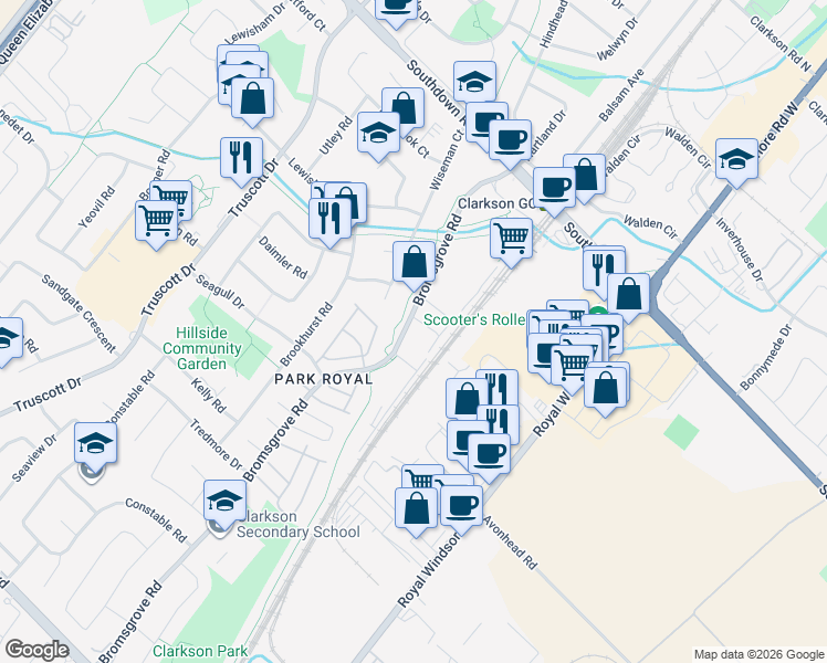 map of restaurants, bars, coffee shops, grocery stores, and more near 2232 Bromsgrove Road in Mississauga