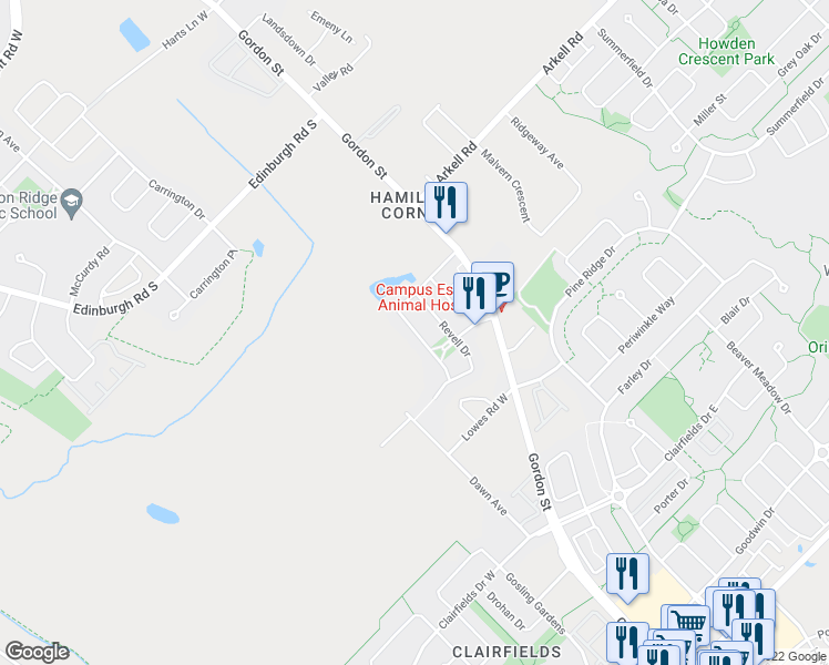 map of restaurants, bars, coffee shops, grocery stores, and more near Vaughan Street in Guelph