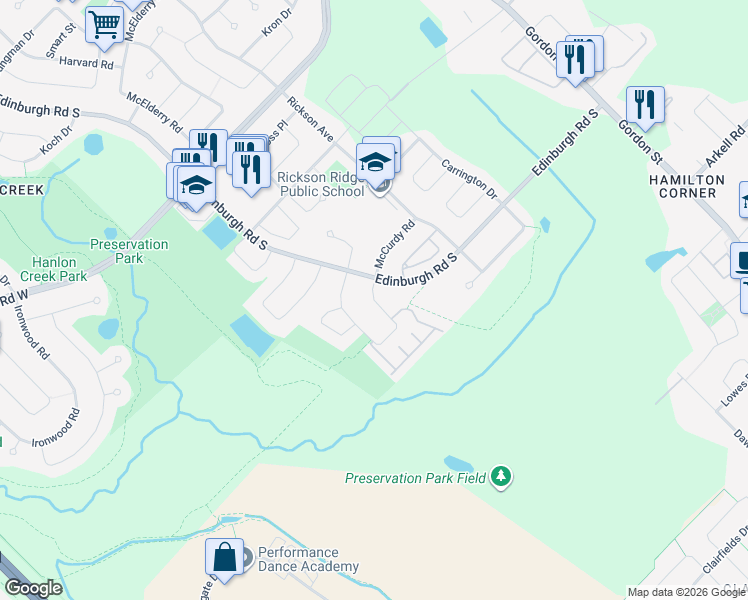 map of restaurants, bars, coffee shops, grocery stores, and more near Terraview Crescent in Guelph