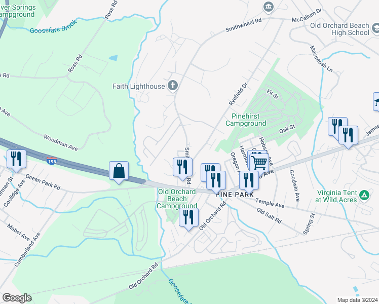 map of restaurants, bars, coffee shops, grocery stores, and more near 18 Smithwheel Road in Old Orchard Beach