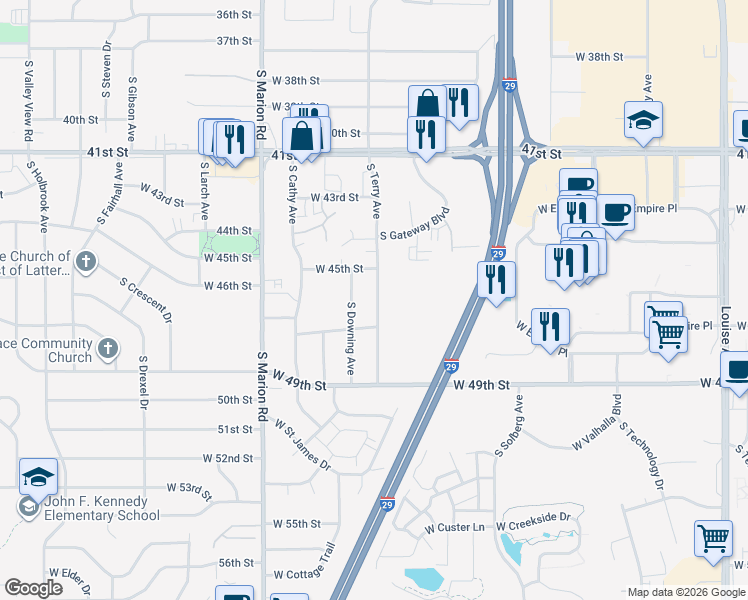 map of restaurants, bars, coffee shops, grocery stores, and more near 3809 South Terry Avenue in Sioux Falls