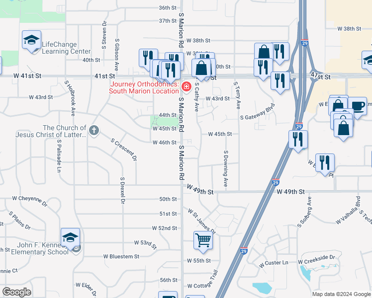 map of restaurants, bars, coffee shops, grocery stores, and more near 3900 South Marion Road in Sioux Falls