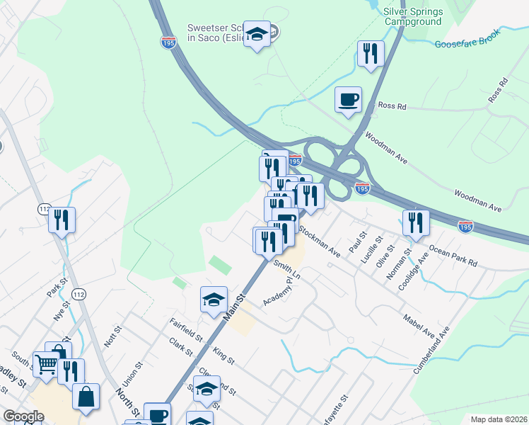 map of restaurants, bars, coffee shops, grocery stores, and more near 532 Main Street in Saco