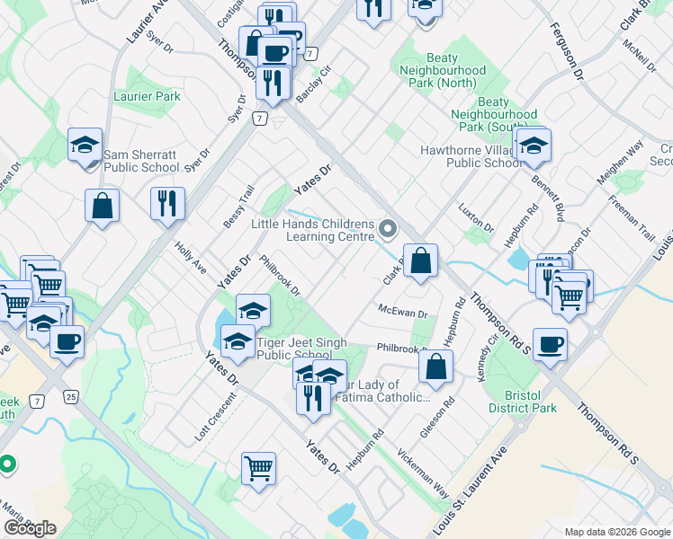 map of restaurants, bars, coffee shops, grocery stores, and more near 858 Cousens Terrace in Milton