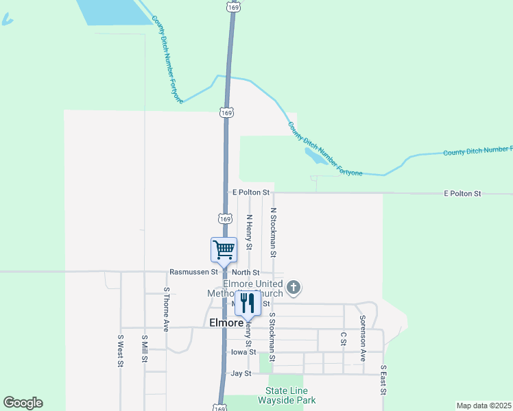 map of restaurants, bars, coffee shops, grocery stores, and more near 132 North Henry Street in Elmore