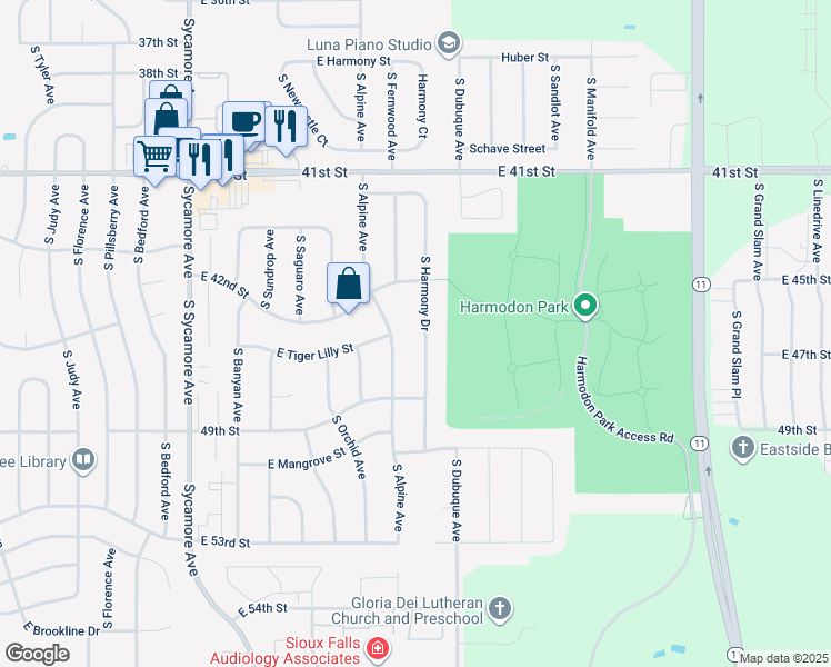 map of restaurants, bars, coffee shops, grocery stores, and more near 3505 S Alpine Ave in Sioux Falls