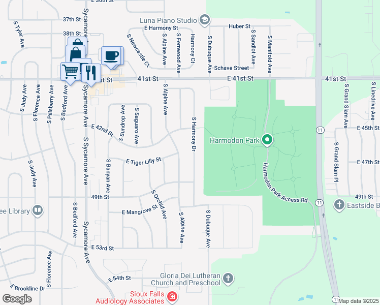 map of restaurants, bars, coffee shops, grocery stores, and more near 3505 S Alpine Ave in Sioux Falls