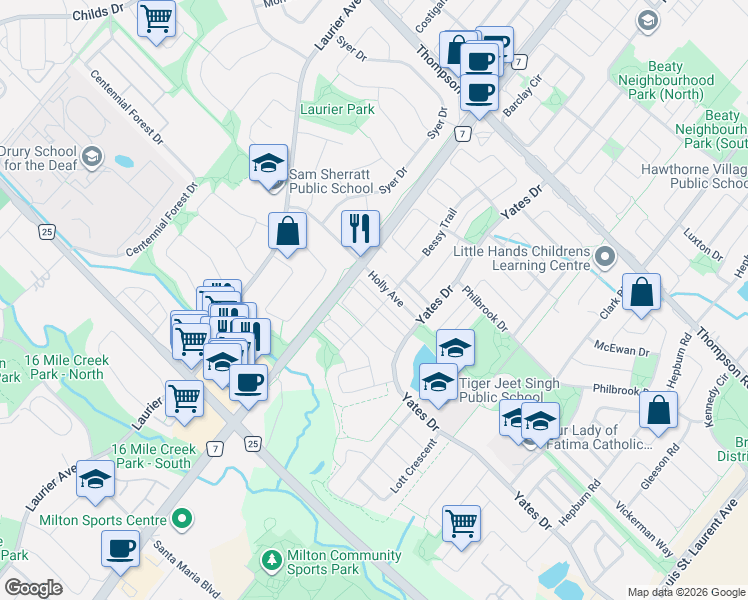 map of restaurants, bars, coffee shops, grocery stores, and more near in Milton