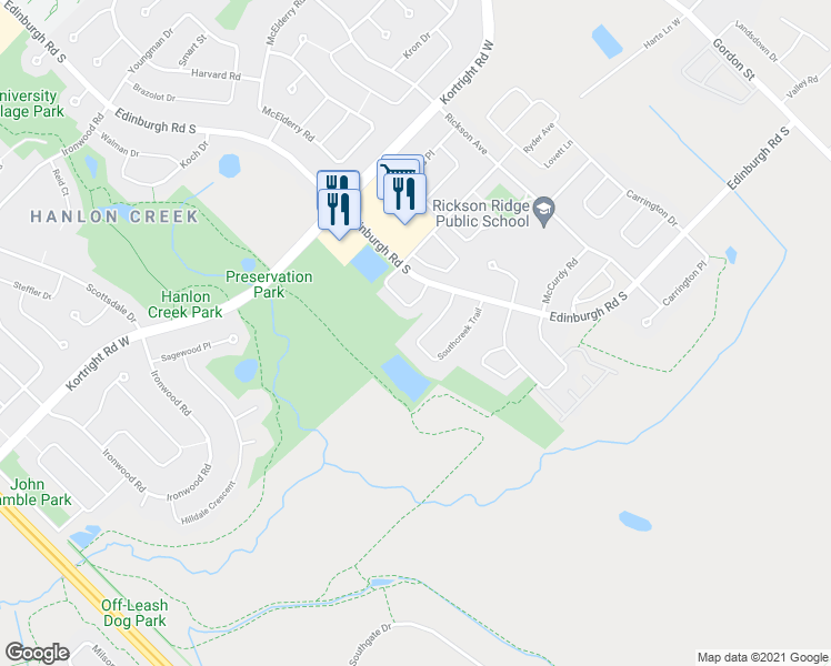 map of restaurants, bars, coffee shops, grocery stores, and more near 33 Southcreek Trail in Guelph