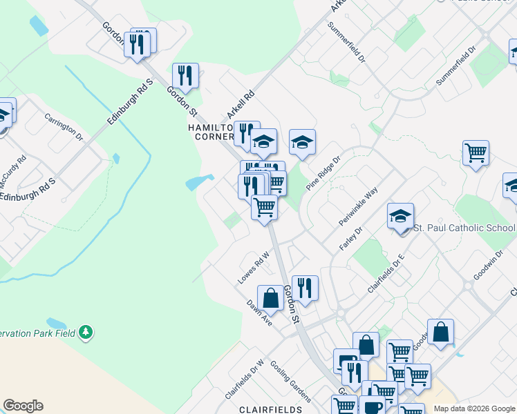 map of restaurants, bars, coffee shops, grocery stores, and more near 1467 Gordon Street in Guelph