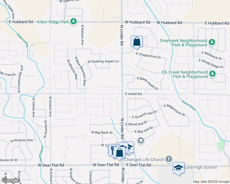 map of restaurants, bars, coffee shops, grocery stores, and more near 64 West Snowy Owl Street in Kuna