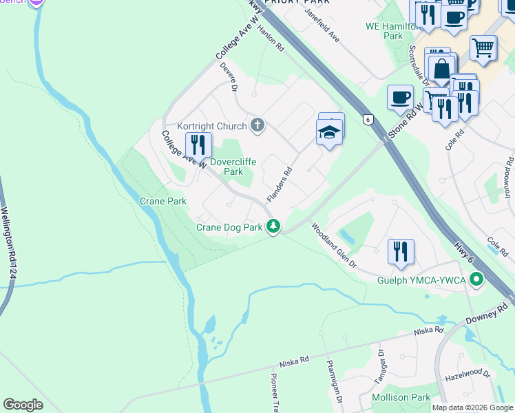 map of restaurants, bars, coffee shops, grocery stores, and more near in Guelph
