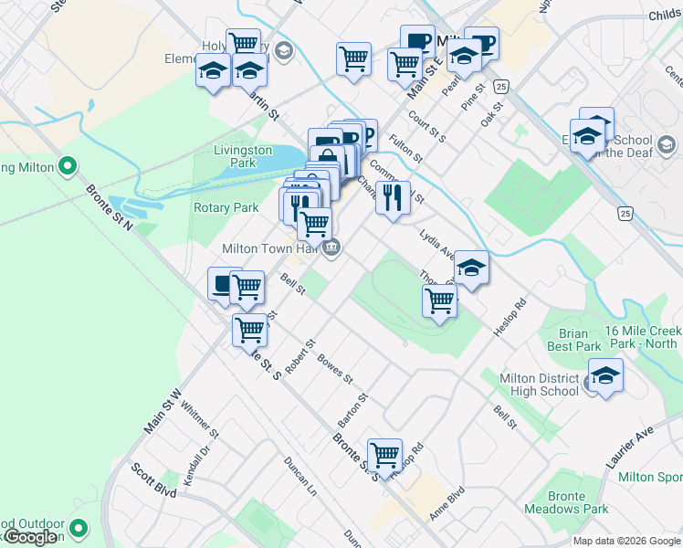 map of restaurants, bars, coffee shops, grocery stores, and more near 144 King Street in Milton