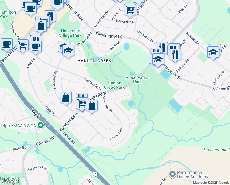 map of restaurants, bars, coffee shops, grocery stores, and more near 510 Kortright Road West in Guelph