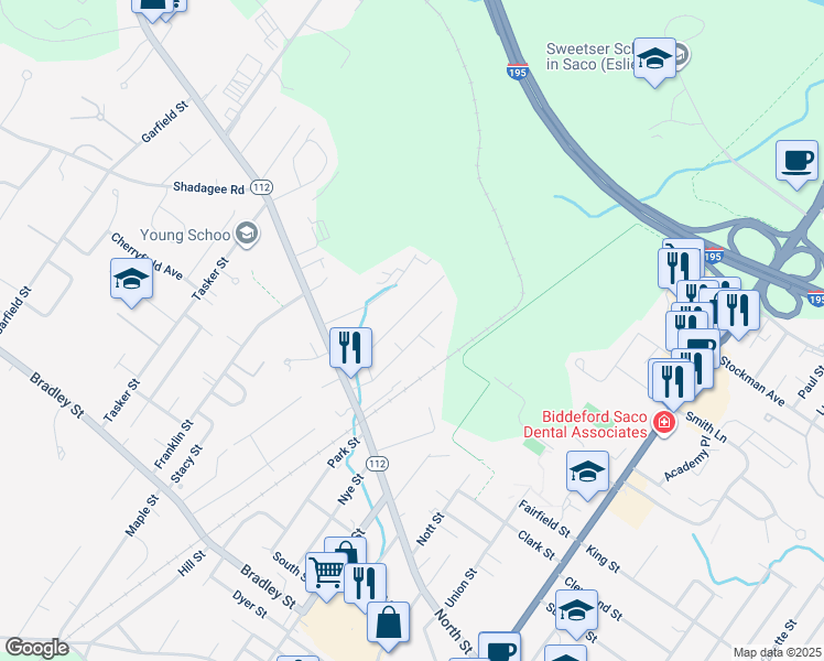 map of restaurants, bars, coffee shops, grocery stores, and more near 24 Roebuck Avenue in Saco