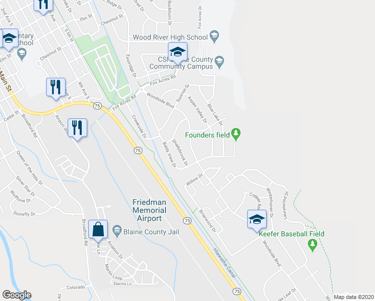 map of restaurants, bars, coffee shops, grocery stores, and more near 1451 Woodside Boulevard in Hailey