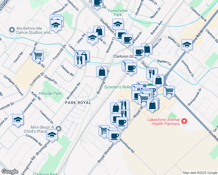 map of restaurants, bars, coffee shops, grocery stores, and more near in Mississauga