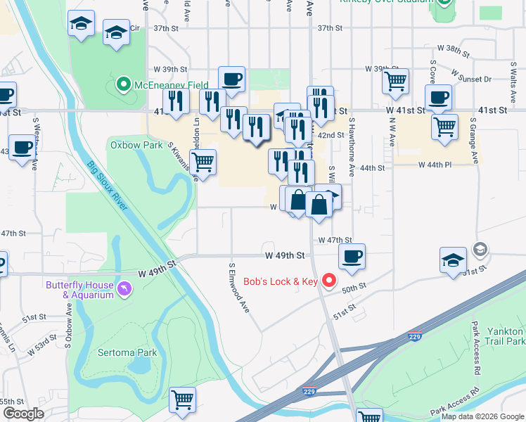 map of restaurants, bars, coffee shops, grocery stores, and more near 2301 West 46th Street in Sioux Falls