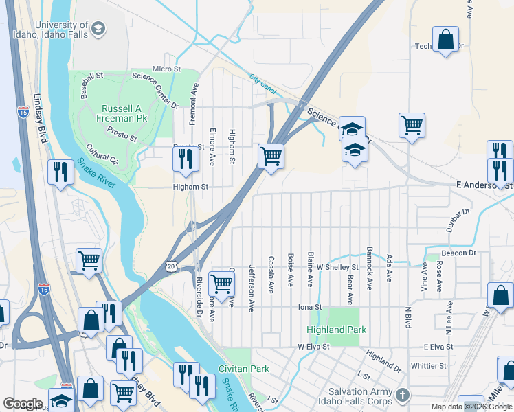 map of restaurants, bars, coffee shops, grocery stores, and more near 1269 Cassia Avenue in Idaho Falls