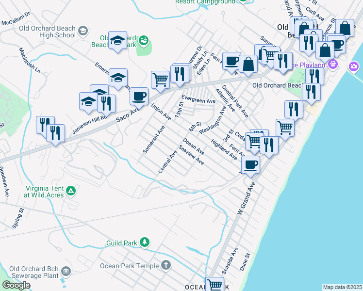 map of restaurants, bars, coffee shops, grocery stores, and more near 64 Seaview Avenue in Old Orchard Beach
