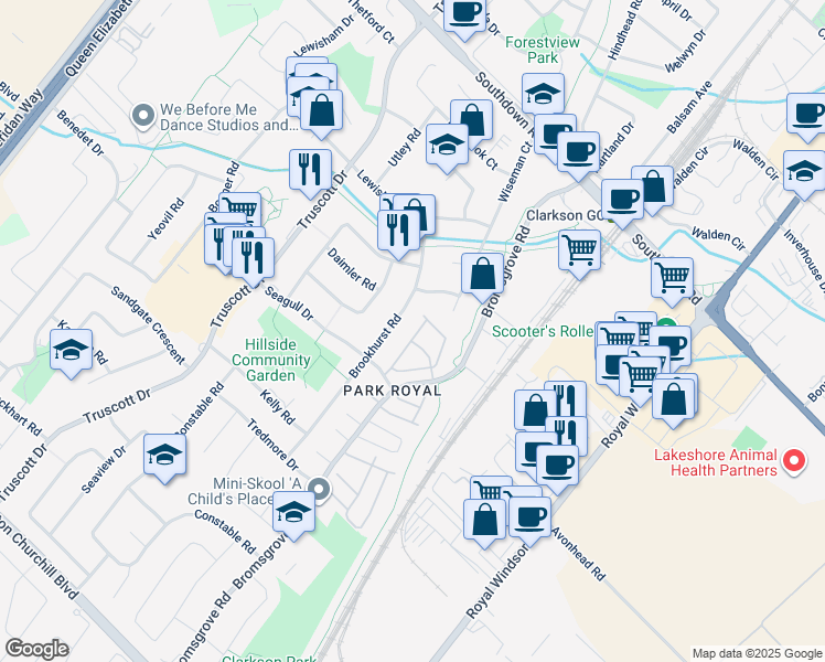 map of restaurants, bars, coffee shops, grocery stores, and more near 2315 Bromsgrove Road in Mississauga