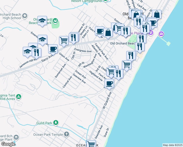 map of restaurants, bars, coffee shops, grocery stores, and more near 41 Highland Avenue in Old Orchard Beach