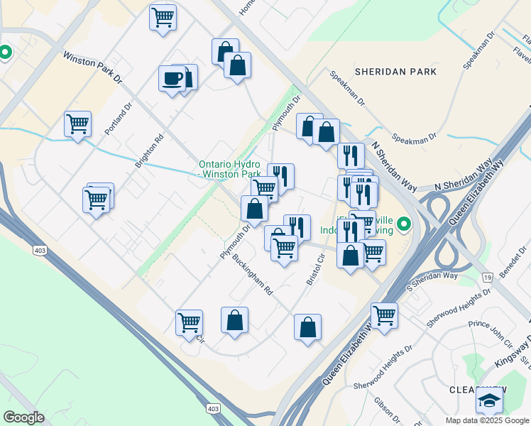 map of restaurants, bars, coffee shops, grocery stores, and more near 2830 Plymouth Drive in Oakville
