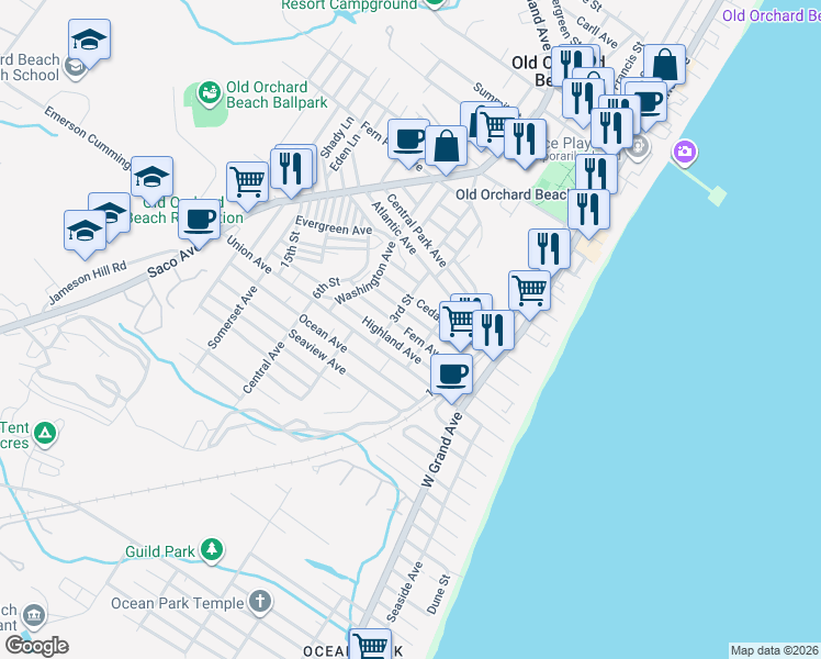 map of restaurants, bars, coffee shops, grocery stores, and more near 32 Fern Avenue in Old Orchard Beach
