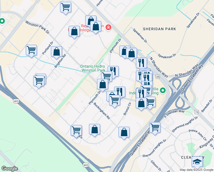 map of restaurants, bars, coffee shops, grocery stores, and more near 2830 Plymouth Drive in Oakville