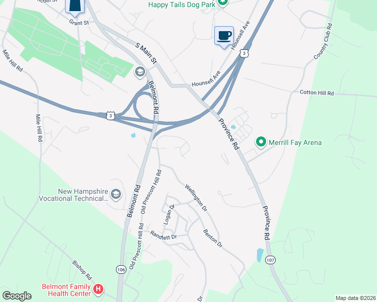 map of restaurants, bars, coffee shops, grocery stores, and more near 83 Judy's Way in Laconia