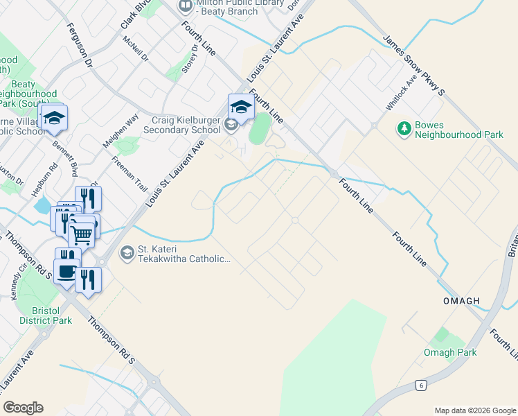 map of restaurants, bars, coffee shops, grocery stores, and more near 1186 Stacey Crescent in Milton