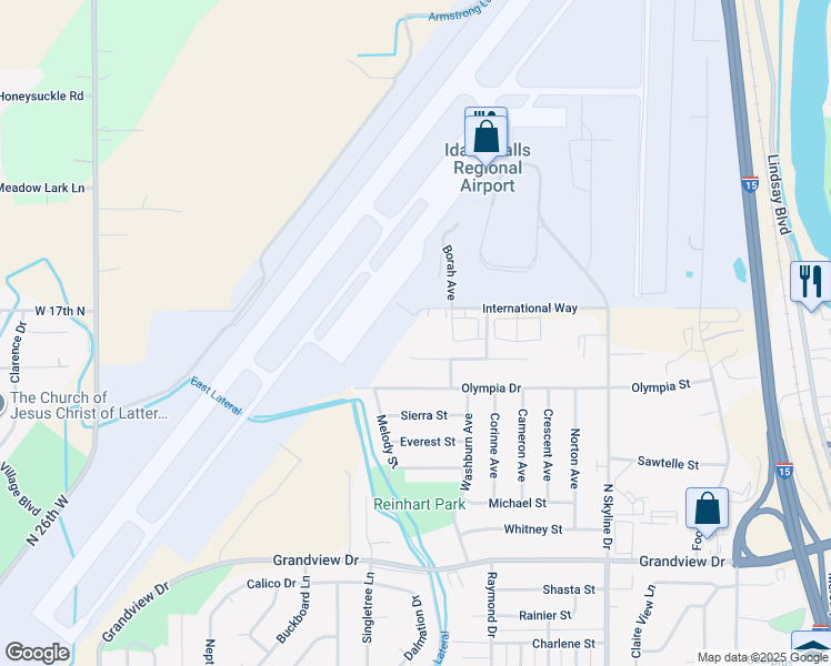 map of restaurants, bars, coffee shops, grocery stores, and more near 1943 International Way in Idaho Falls