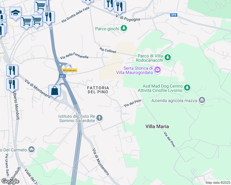 map of restaurants, bars, coffee shops, grocery stores, and more near 133 Via dell'Olivara in Livorno