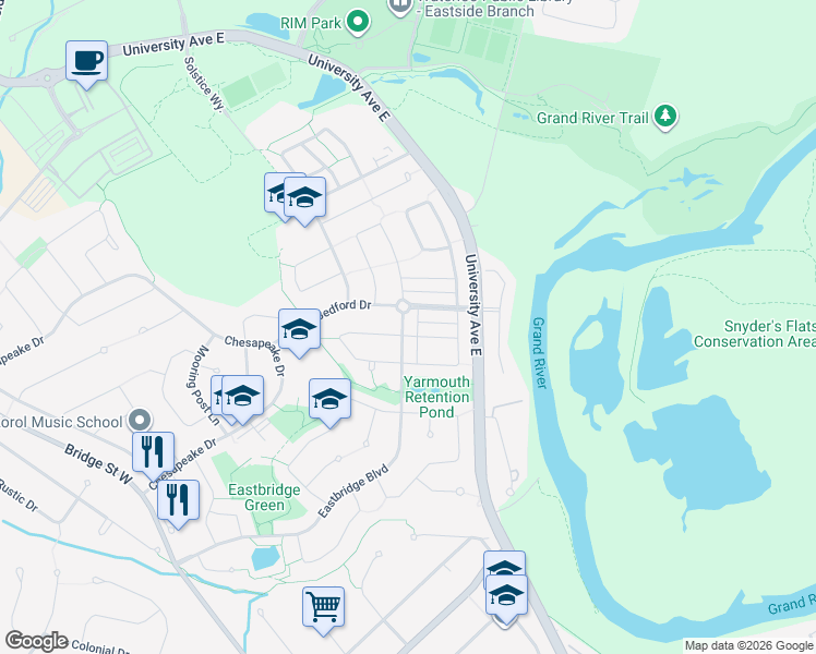 map of restaurants, bars, coffee shops, grocery stores, and more near 615 Eastbridge Boulevard in Waterloo