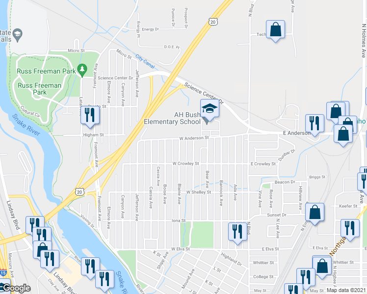 map of restaurants, bars, coffee shops, grocery stores, and more near 1286 Blaine Avenue in Idaho Falls