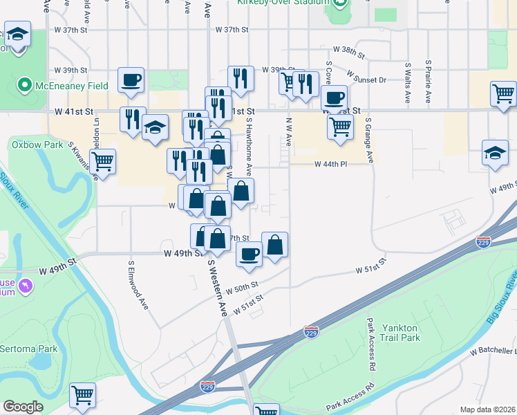 map of restaurants, bars, coffee shops, grocery stores, and more near 3905 South Hawthorne Avenue in Sioux Falls